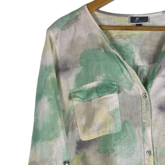 JM Collection Tie-Dye Linen Shirt Size 14 Collarless Button Front - Picture 4 of 9